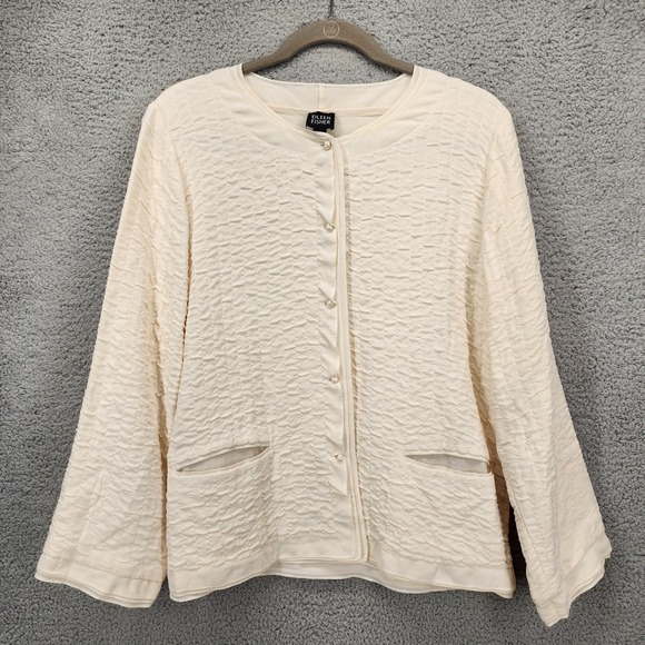 Eileen Fisher Jackets & Blazers - Eileen Fisher Large Cream Silk Puckered Textured Button Front Jacket Off White